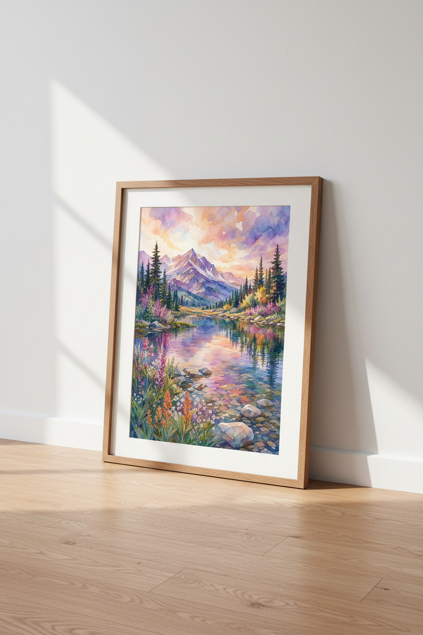 Watercolor Mountain Lake Wall Art | Sunset Nature Print, Living Room Decor