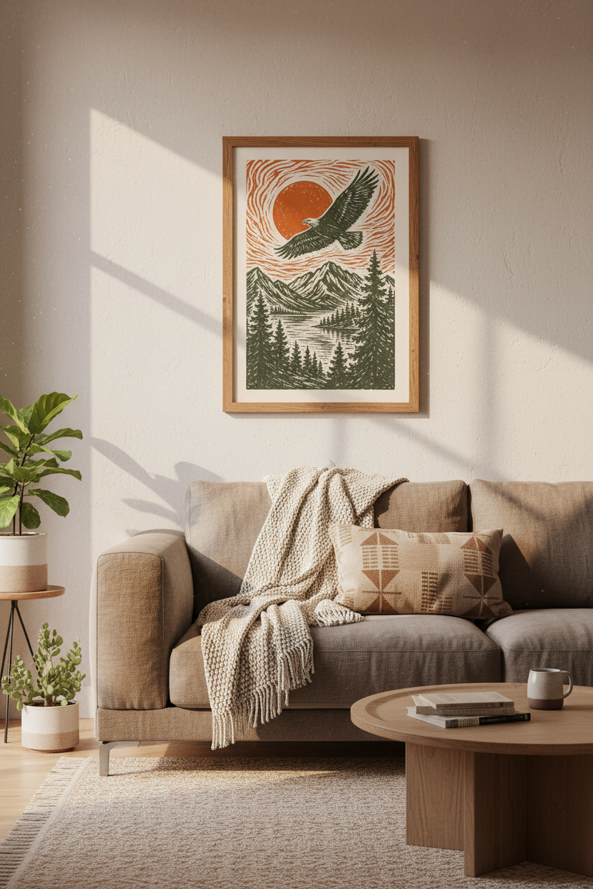 Eagle Mountain Woodcut Print | Rustic Nature Landscape, Cabin Decor Poster