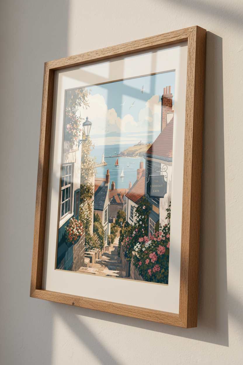 Coastal Village Scene Wall Art | Seaside Harbor Poster, Mediterranean Decor