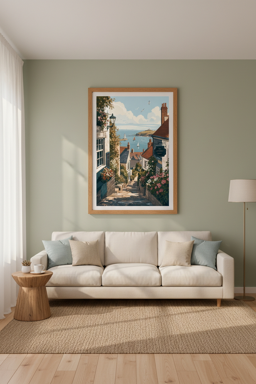 Coastal Village Scene Wall Art | Seaside Harbor Poster, Mediterranean Decor