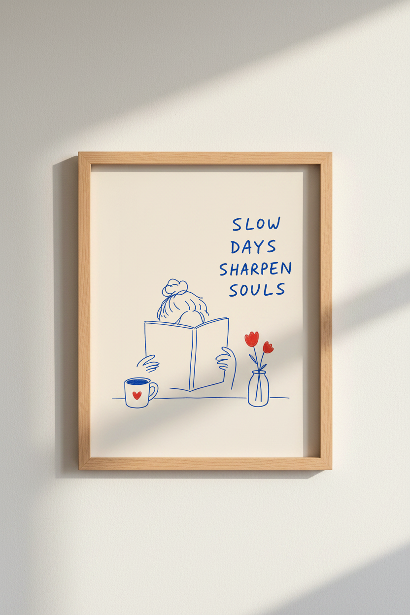 Slow Living Quote Wall Art | Minimalist Reader Decor | Blue & Red Poster