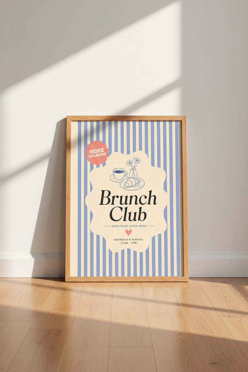 Brunch Club Retro Wall Art | Blue Striped Kitchen & Dining Decor | Parisian Aesthetic