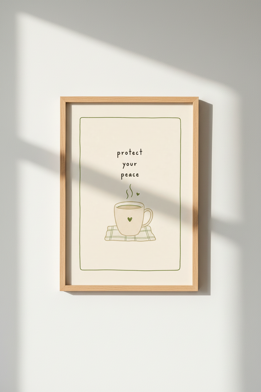 Protect Your Peace Wall Art | Sage Green Tea Mug, Minimalist Self Care Decor