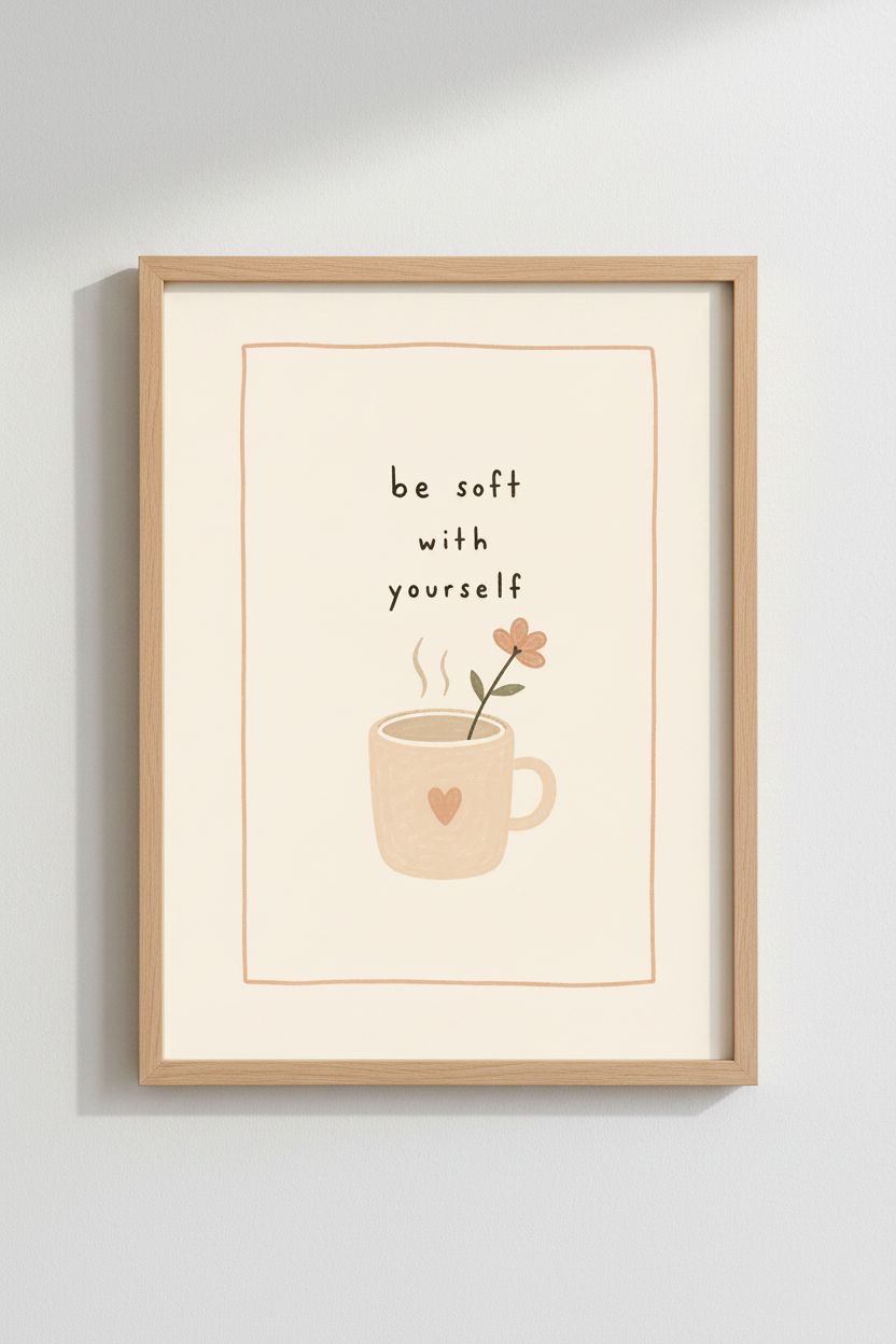 Be Soft With Yourself Quote Wall Art | Boho Coffee Mug Poster, Self Care Decor