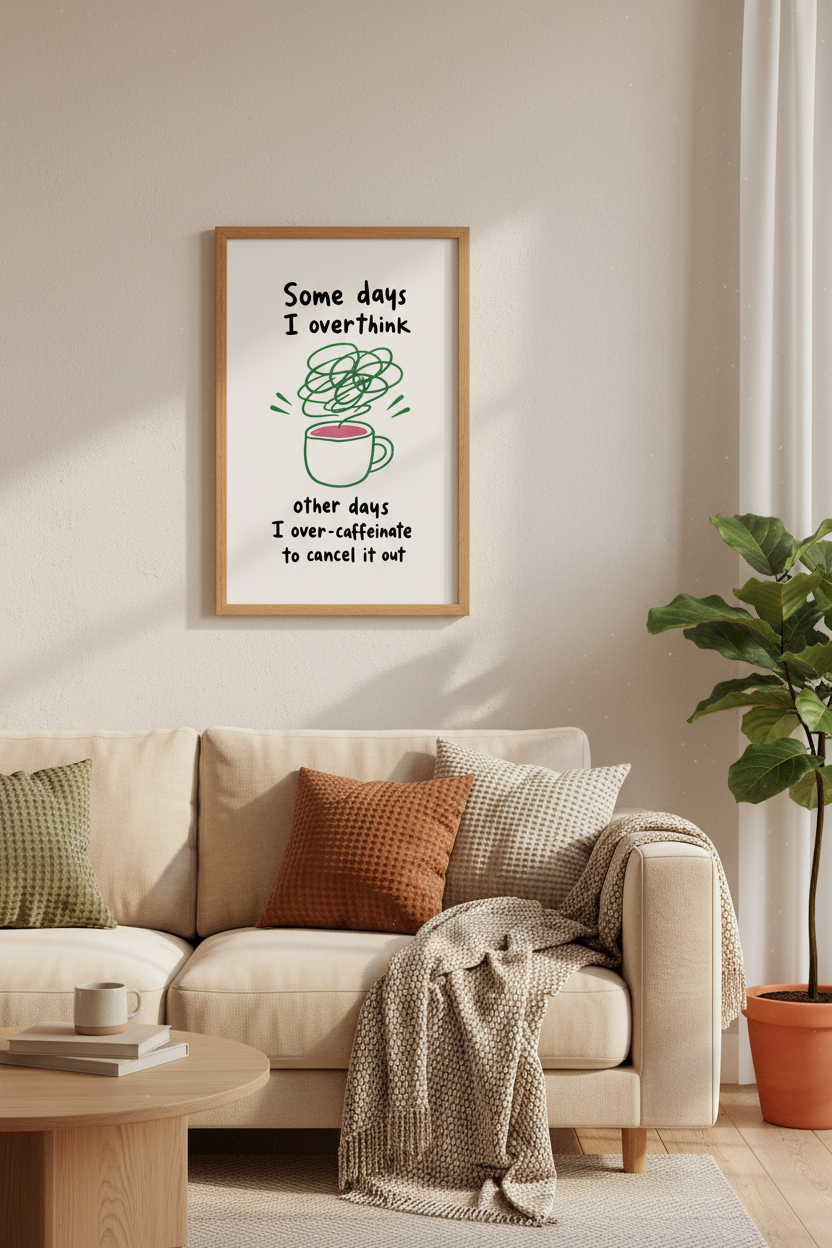 Funny Coffee Quote Wall Art | Minimalist Kitchen Decor | Over-Caffeinated Poster