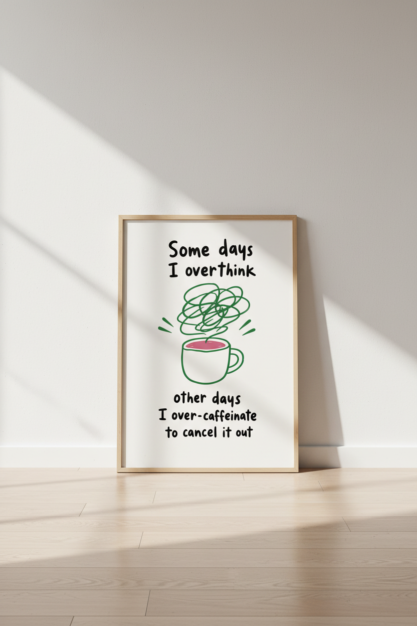 Funny Coffee Quote Wall Art | Minimalist Kitchen Decor | Over-Caffeinated Poster