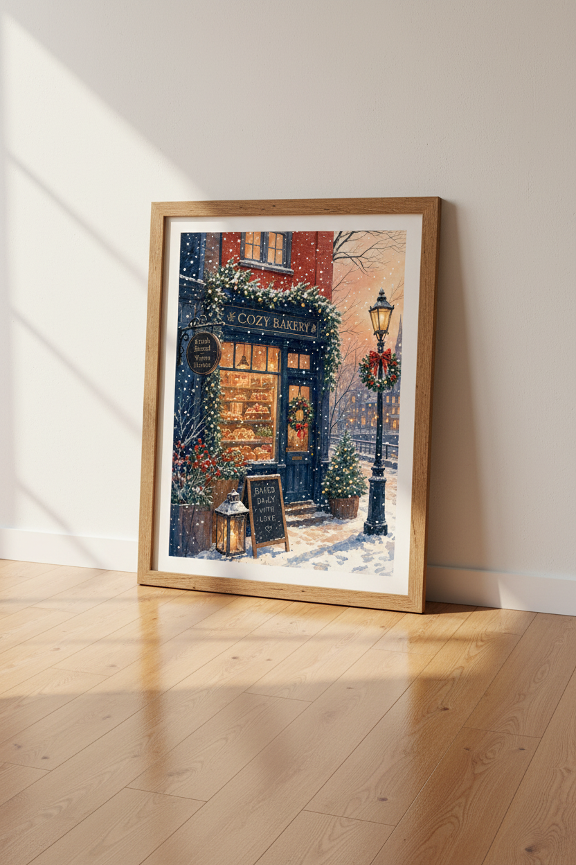 Cozy Bakery Christmas Wall Art | Winter Watercolor Poster, Holiday Decor