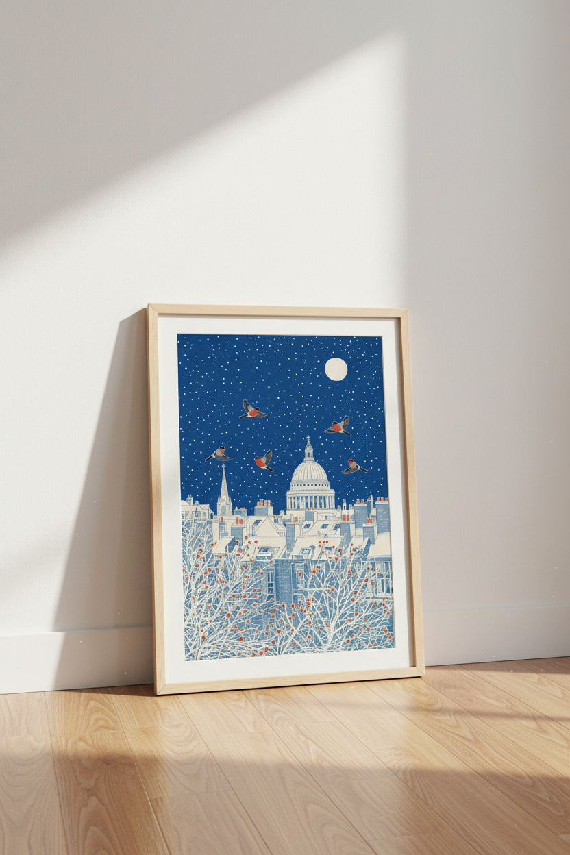 London Winter Cityscape | Blue Vintage Bird Art, St. Paul&
