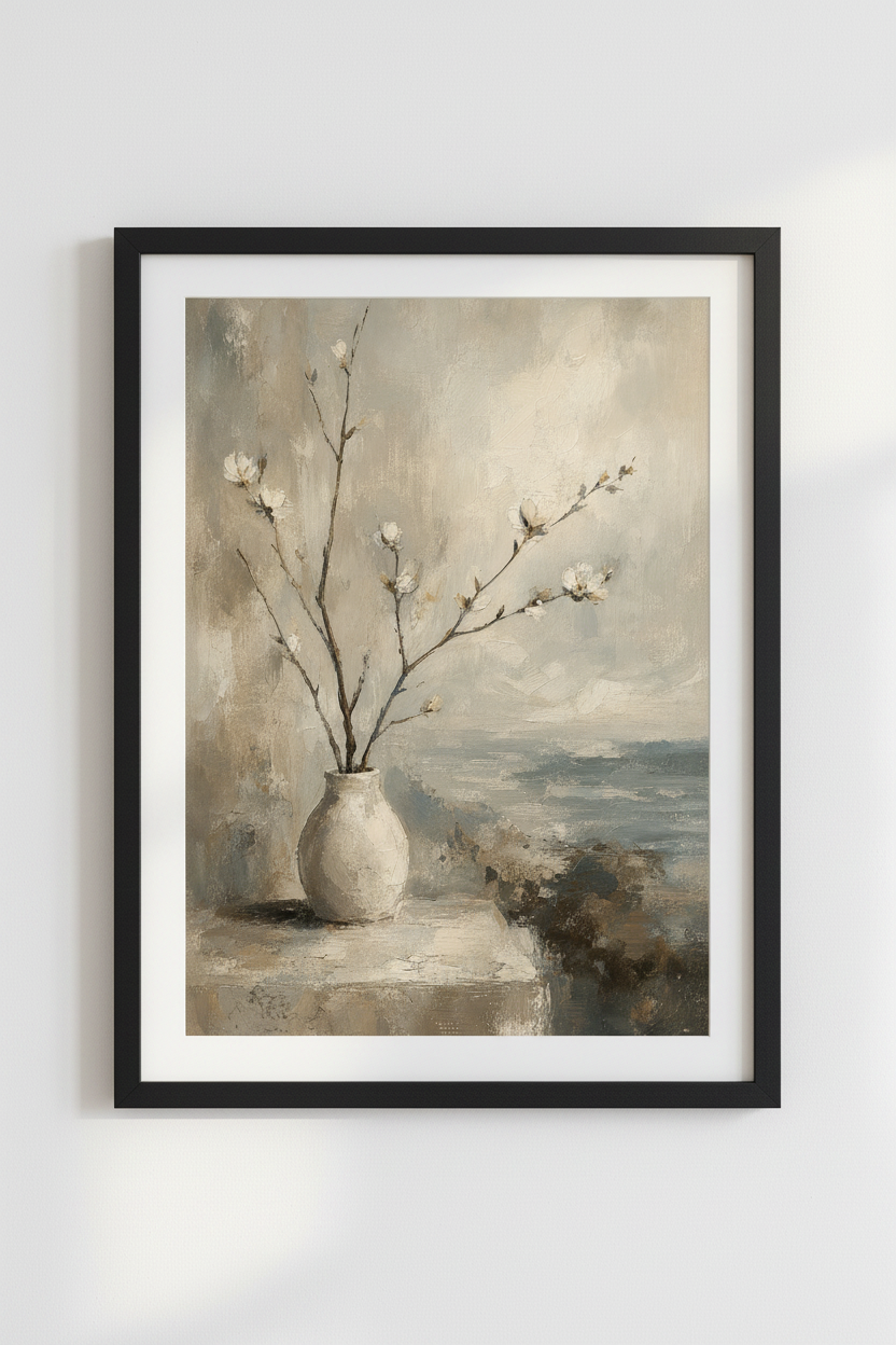 Floral Seascape | Impressionist Neutral Still Life, Coastal Bedroom Decor Art