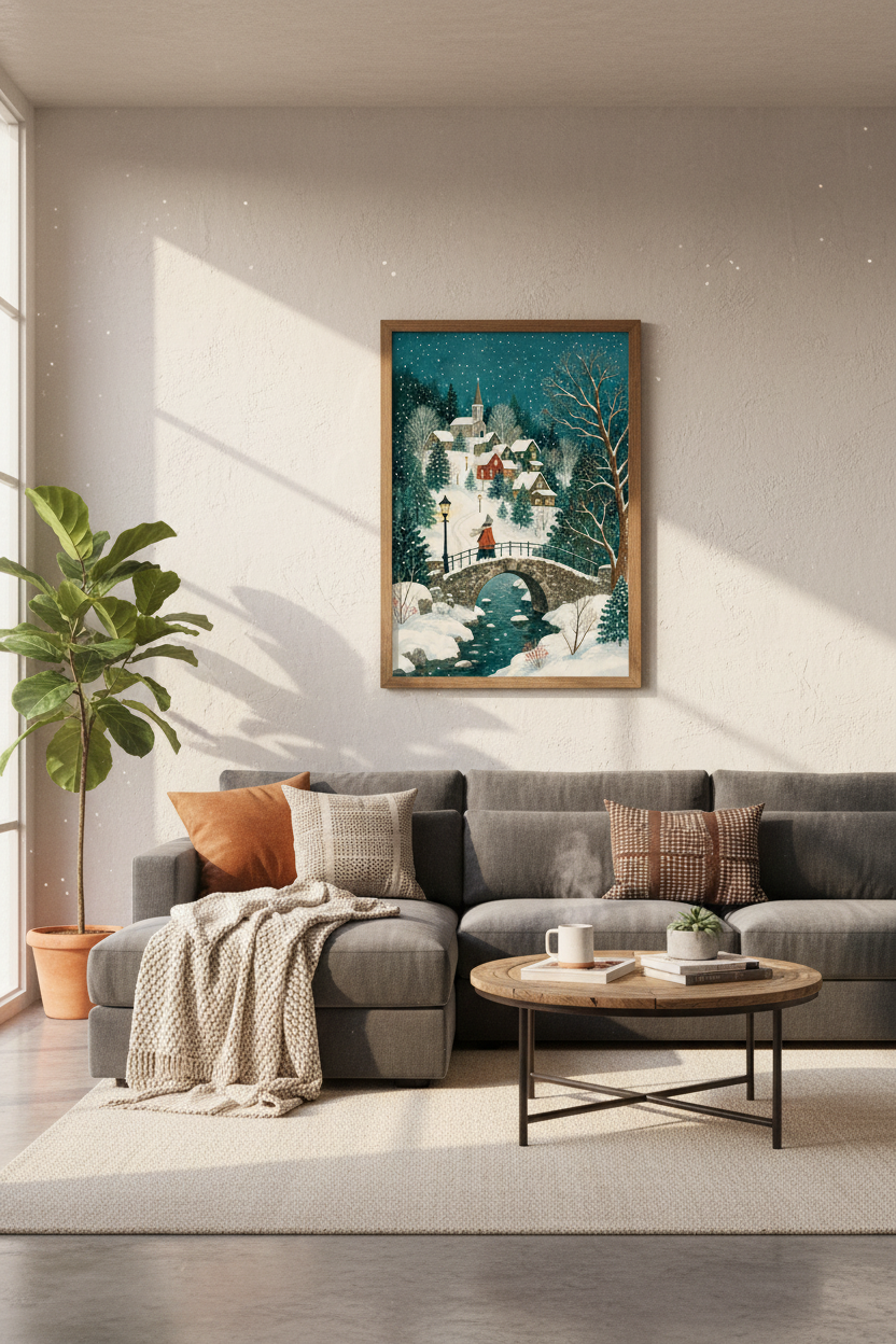 Winter Village Night Scene | Watercolor Snowy Landscape, Cozy Room Decor