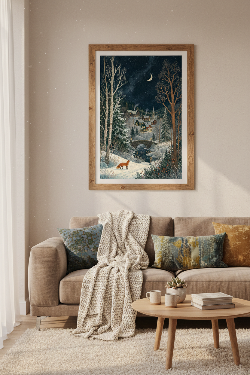 Winter Village Fox Wall Art | Starry Night Landscape, Cozy Christmas Poster