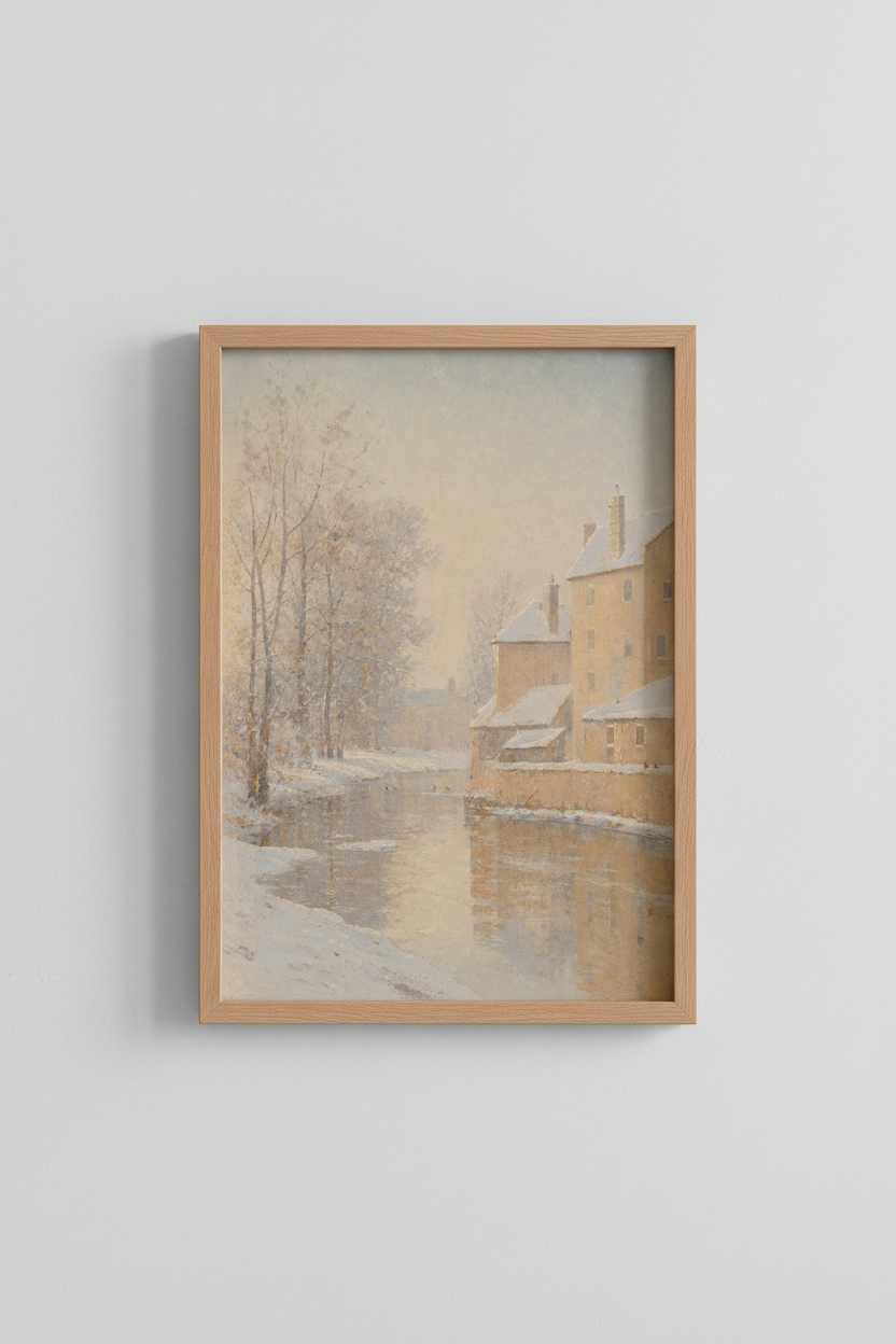Winter Village Canal | Impressionist Snow Landscape, Neutral Vintage Wall Art