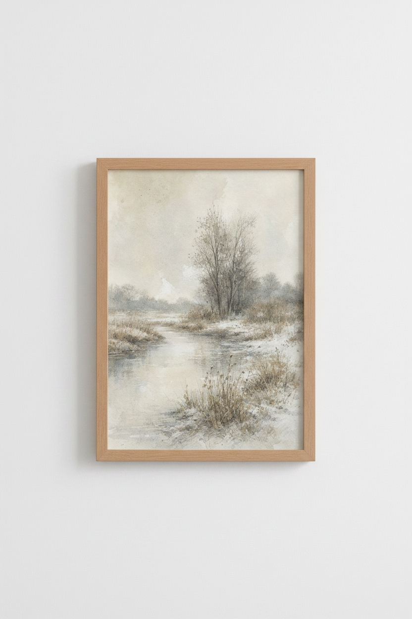 Winter Landscape Watercolor | Muted River Nature Print, Farmhouse Decor Art