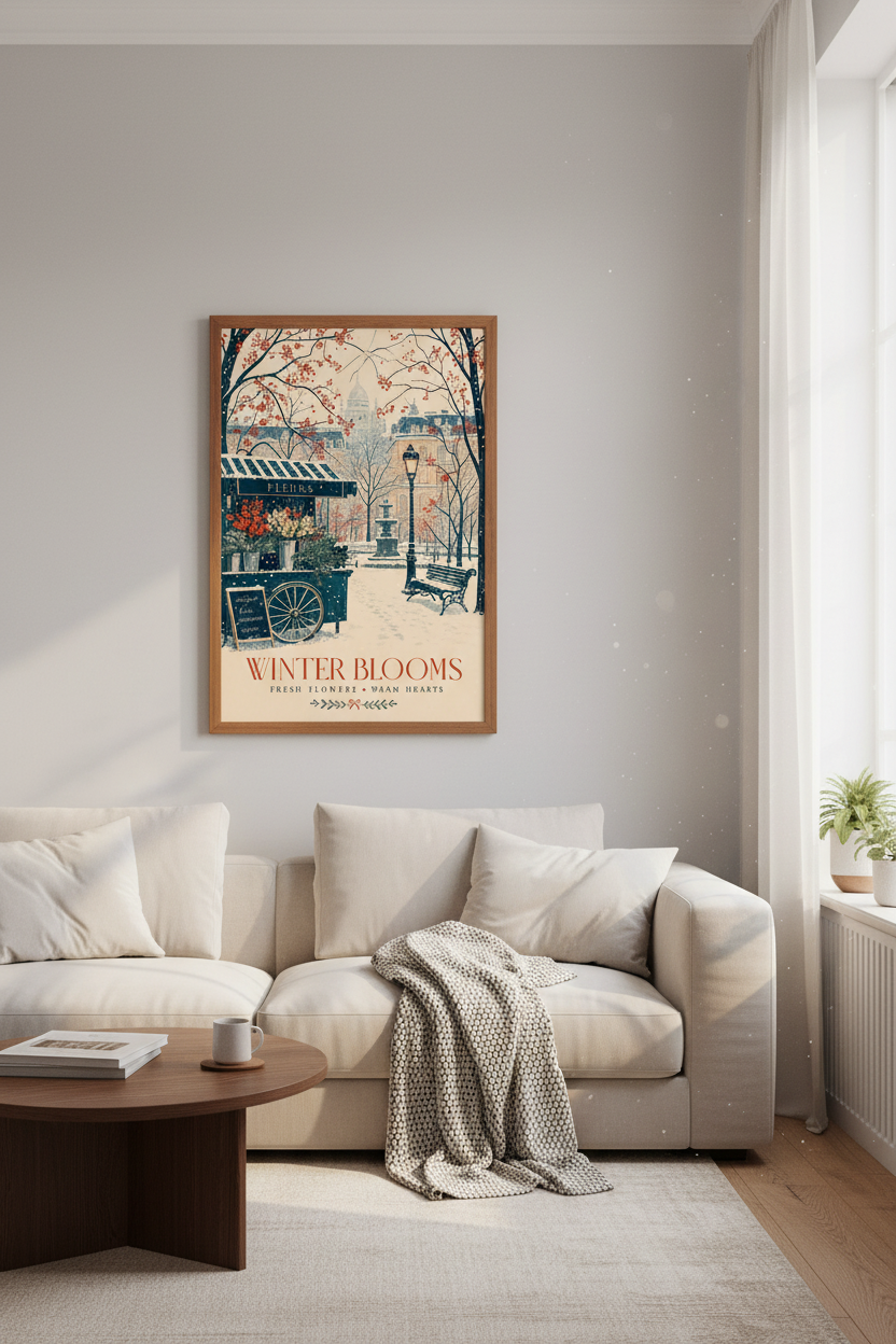 Paris Winter Flower Cart Wall Art | Vintage French Poster, Snowy City Scene Print