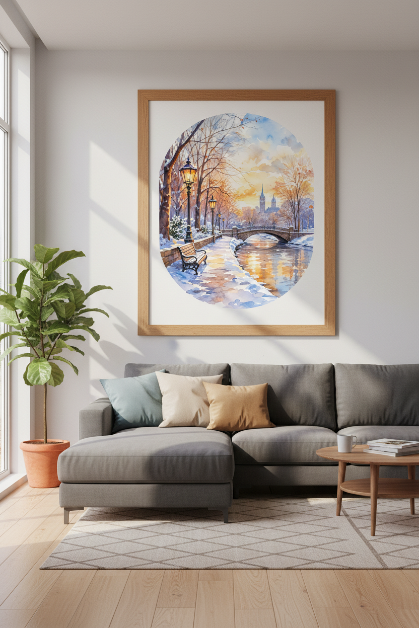 Winter Park Landscape Watercolor | Snowy Sunset Bridge Poster, Living Room Decor