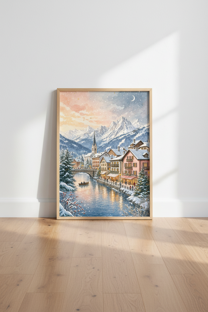 Winter Alpine Village Watercolor Art | Snowy Mountain Landscape, Cozy Christmas Decor