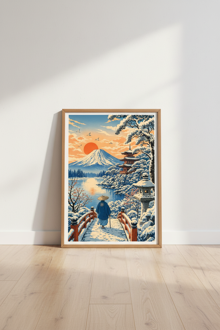 Japanese Winter Landscape | Mount Fuji Ukiyo-e Poster, Zen Home Decor