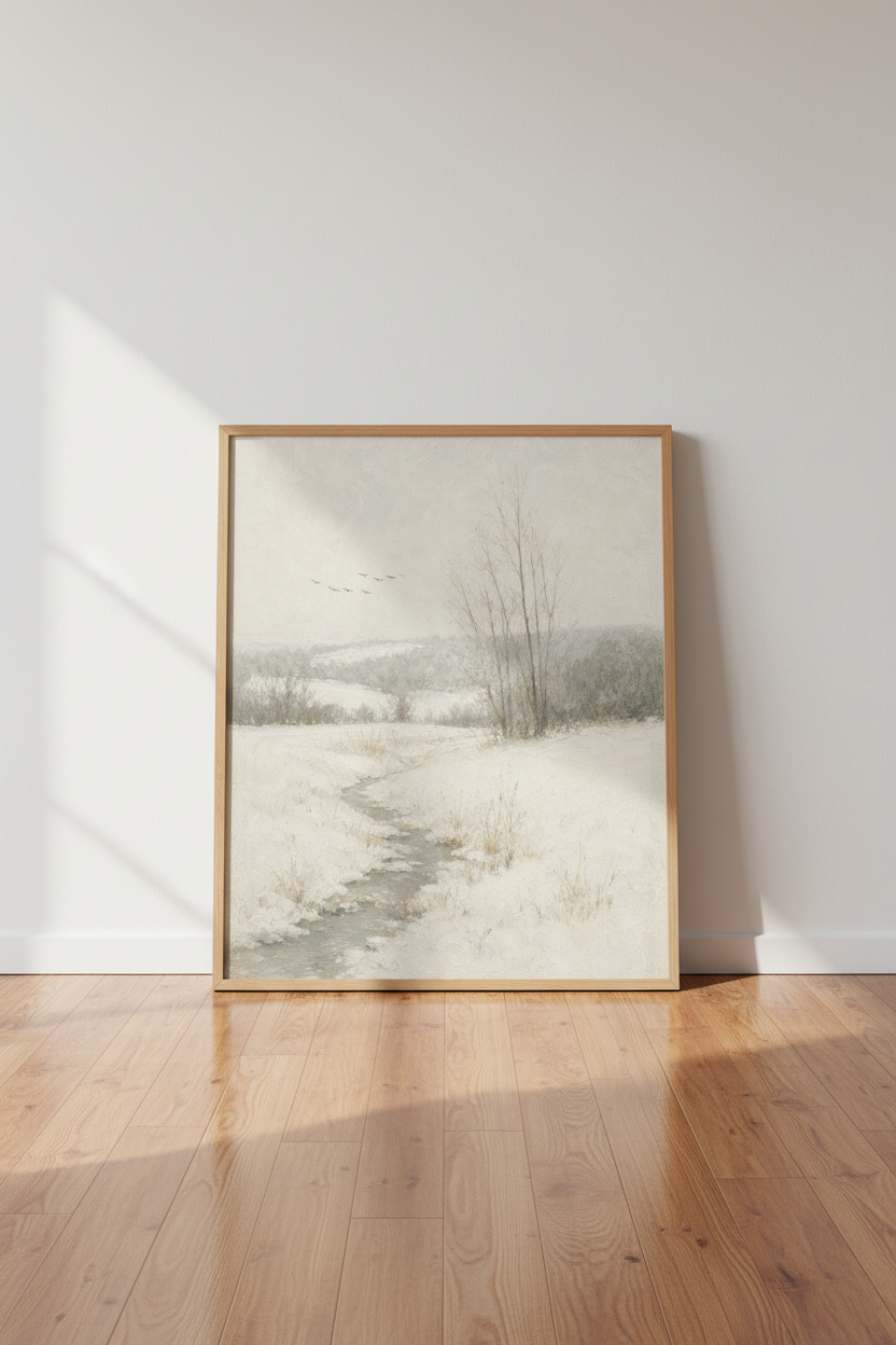 Winter Landscape Oil Painting | Neutral Snow Scene Wall Art, Framed or Digital