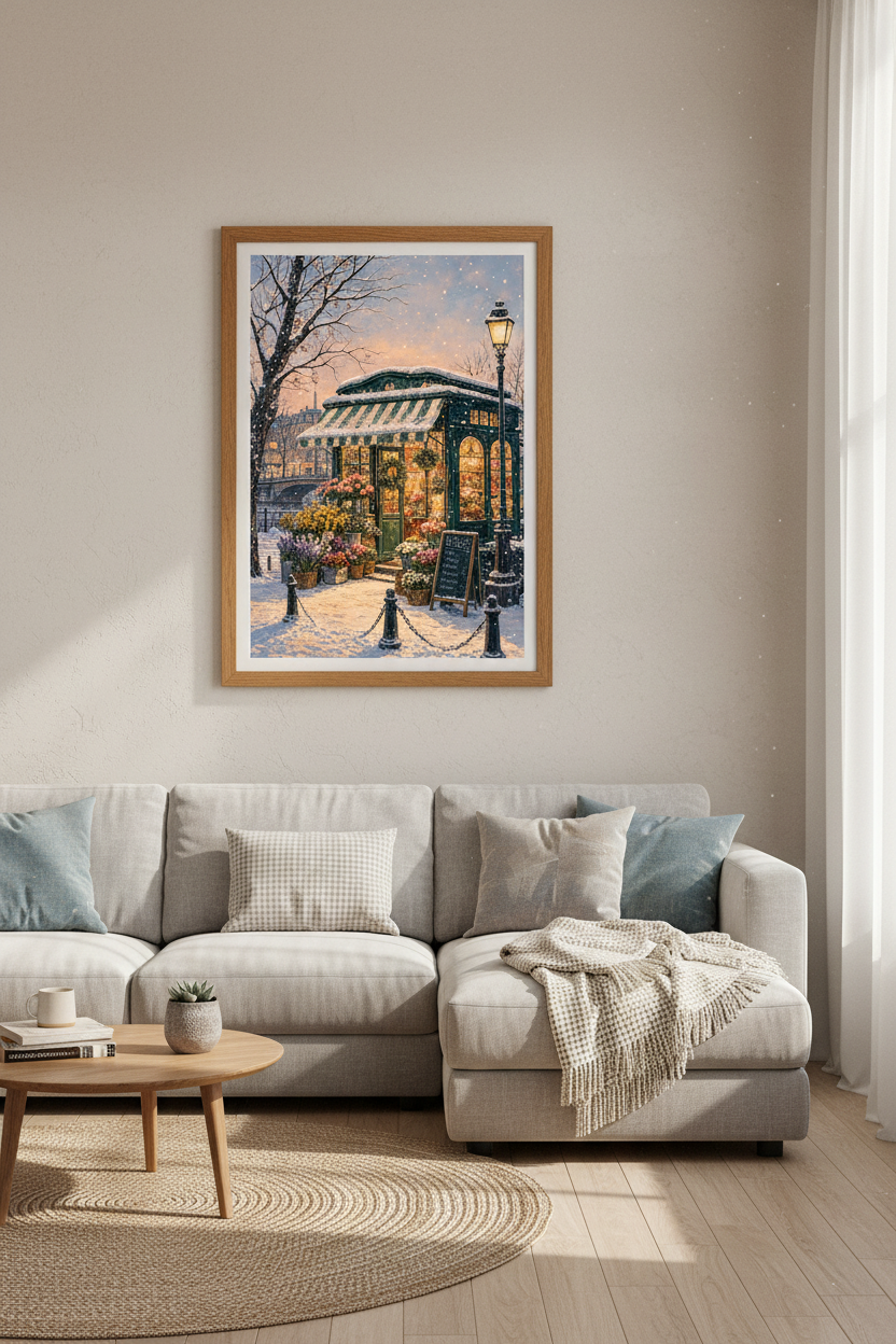 Paris Flower Shop Winter Art | Snowy Cityscape Poster, Cozy French Decor