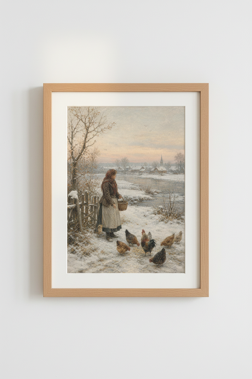 Winter Village Scene | Vintage Farmhouse Style, Hen & Chicken Wall Art Print