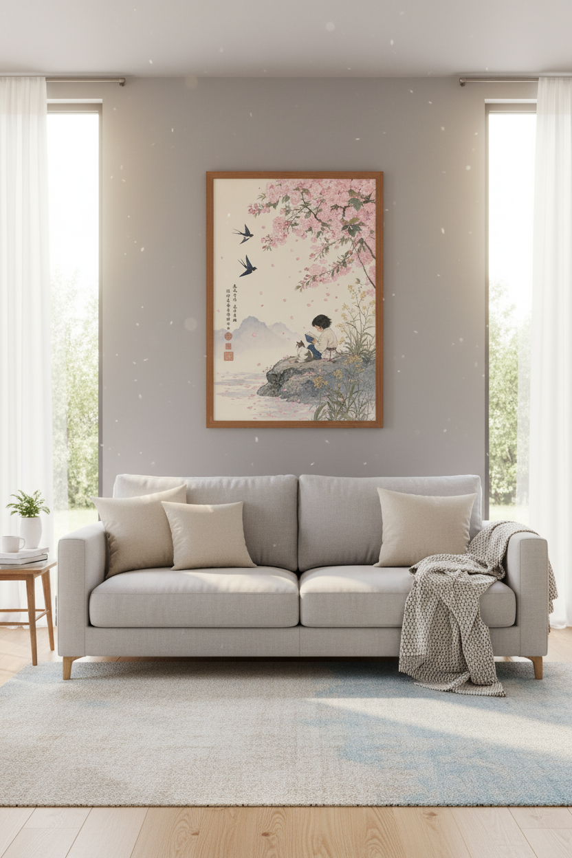Japanese Cherry Blossom Wall Art | Boy and Cat Reading, Zen Nursery Decor Poster