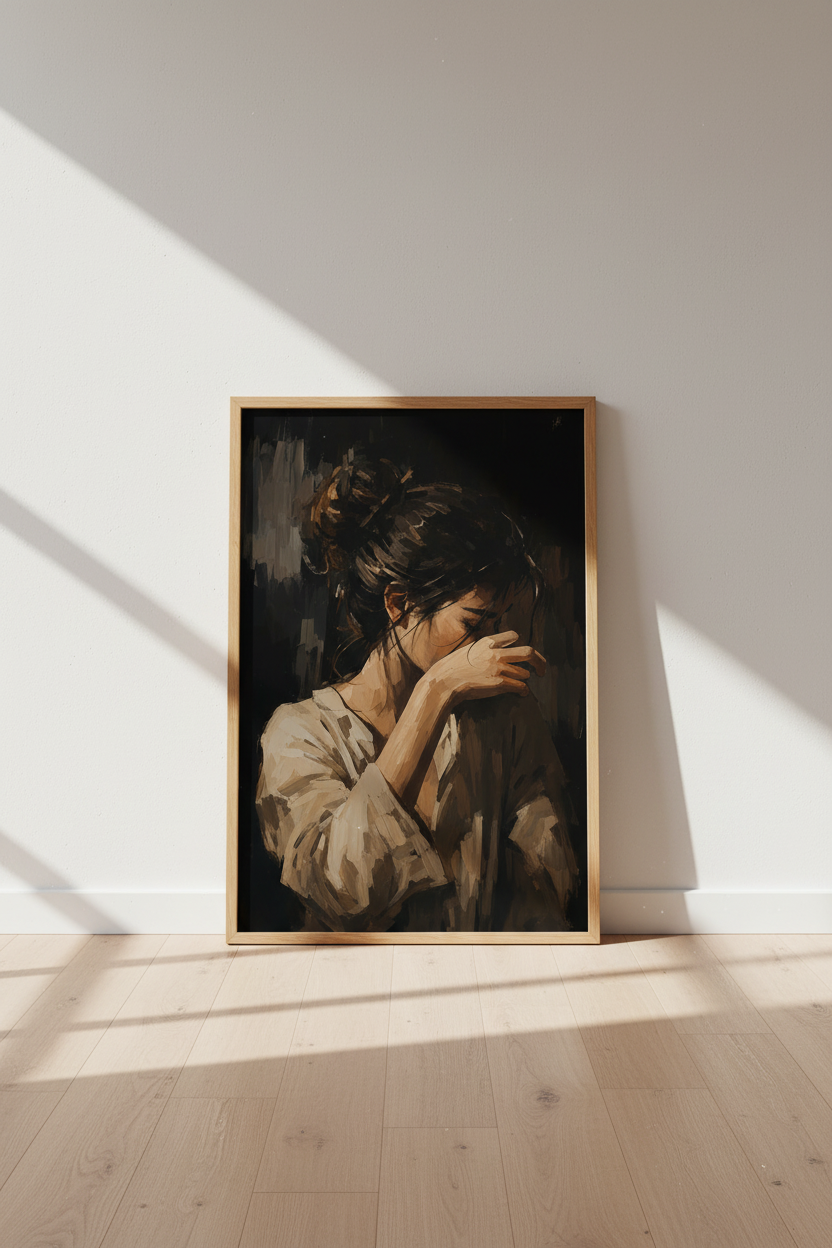 Moody Woman Portrait Wall Art | Dark Impasto Oil Painting, Bedroom Decor
