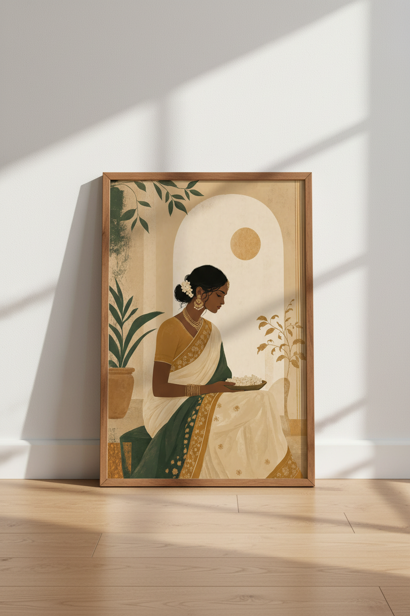 Indian Woman Saree Portrait | Earthy Minimalist Wall Art, Boho Bedroom Decor