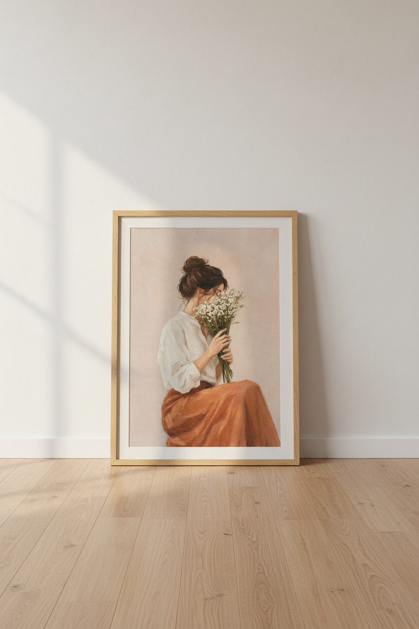 Woman with Flowers Oil Painting | Warm Boho Decor, Romantic Wall Art Print
