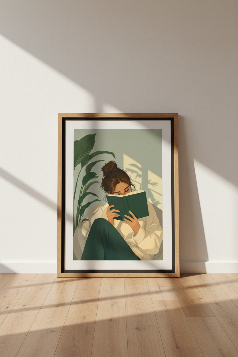 Reading Girl Wall Art | Sage Green Bookish Decor | Cozy Librarian Poster