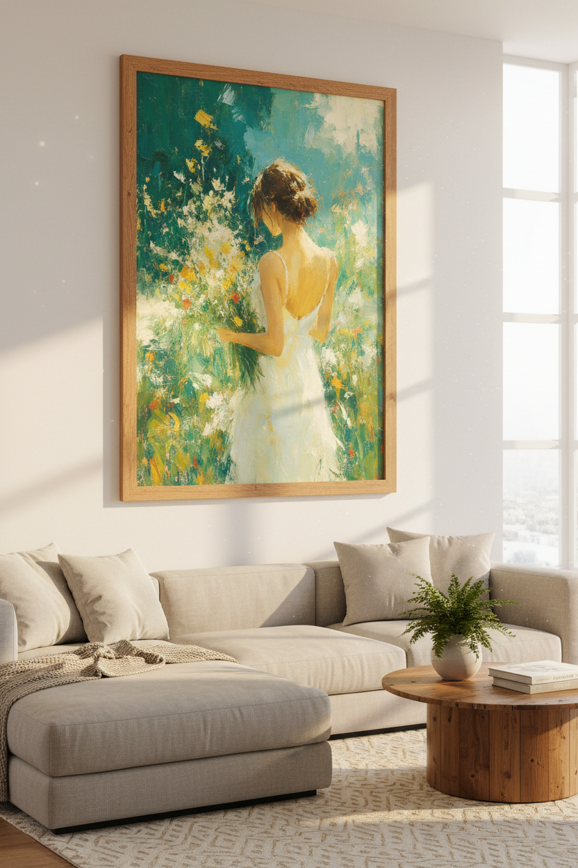 Impressionist Woman with Flowers Wall Art | Teal and Gold Decor | Summer Meadow Poster