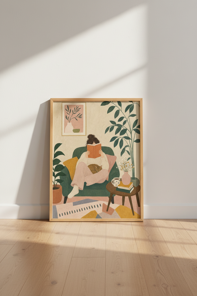Woman Reading with Cat Wall Art | Cozy Botanical Illustration, Home Library Decor