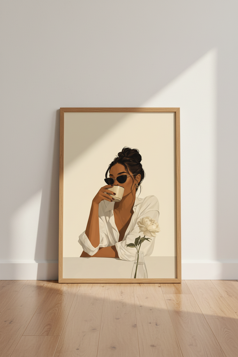 Chic Woman Drinking Coffee Wall Art | Beige Minimalist Decor | Fashion Poster