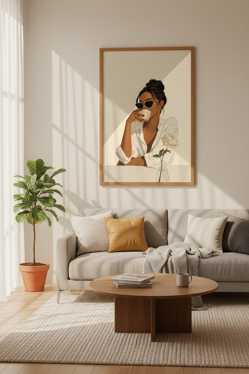 Chic Woman Drinking Coffee Wall Art | Beige Minimalist Decor | Fashion Poster