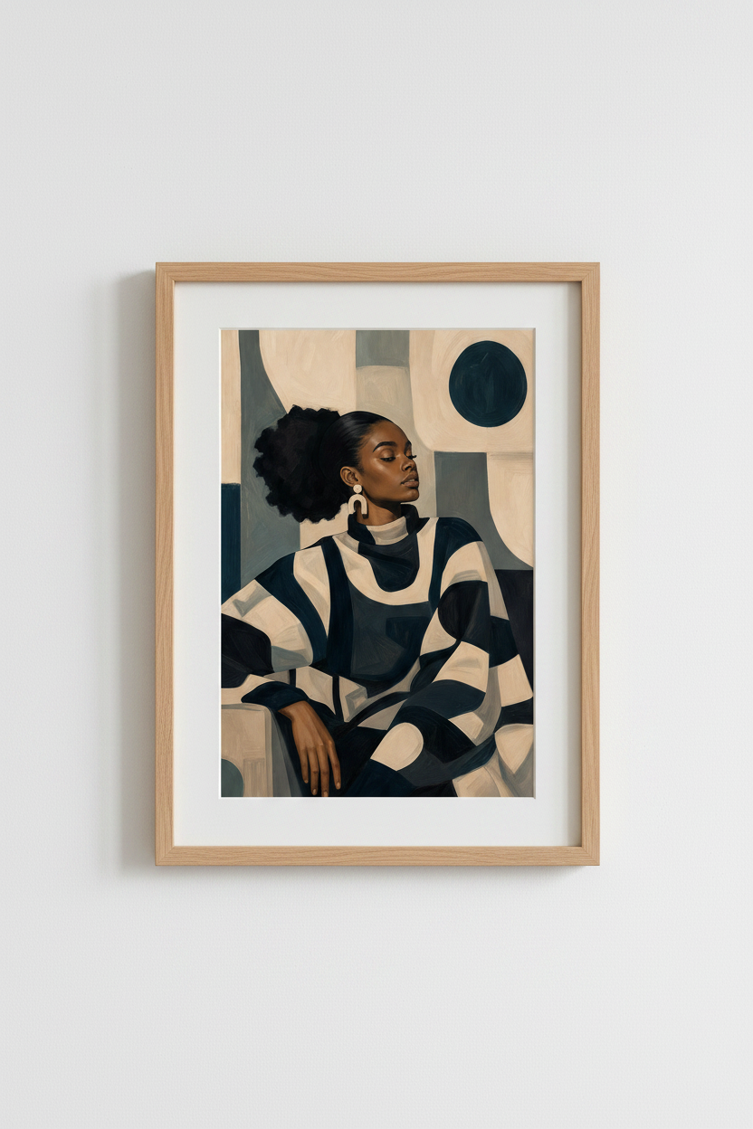 Geometric Portrait | Navy Beige Palette, Living Room Decor