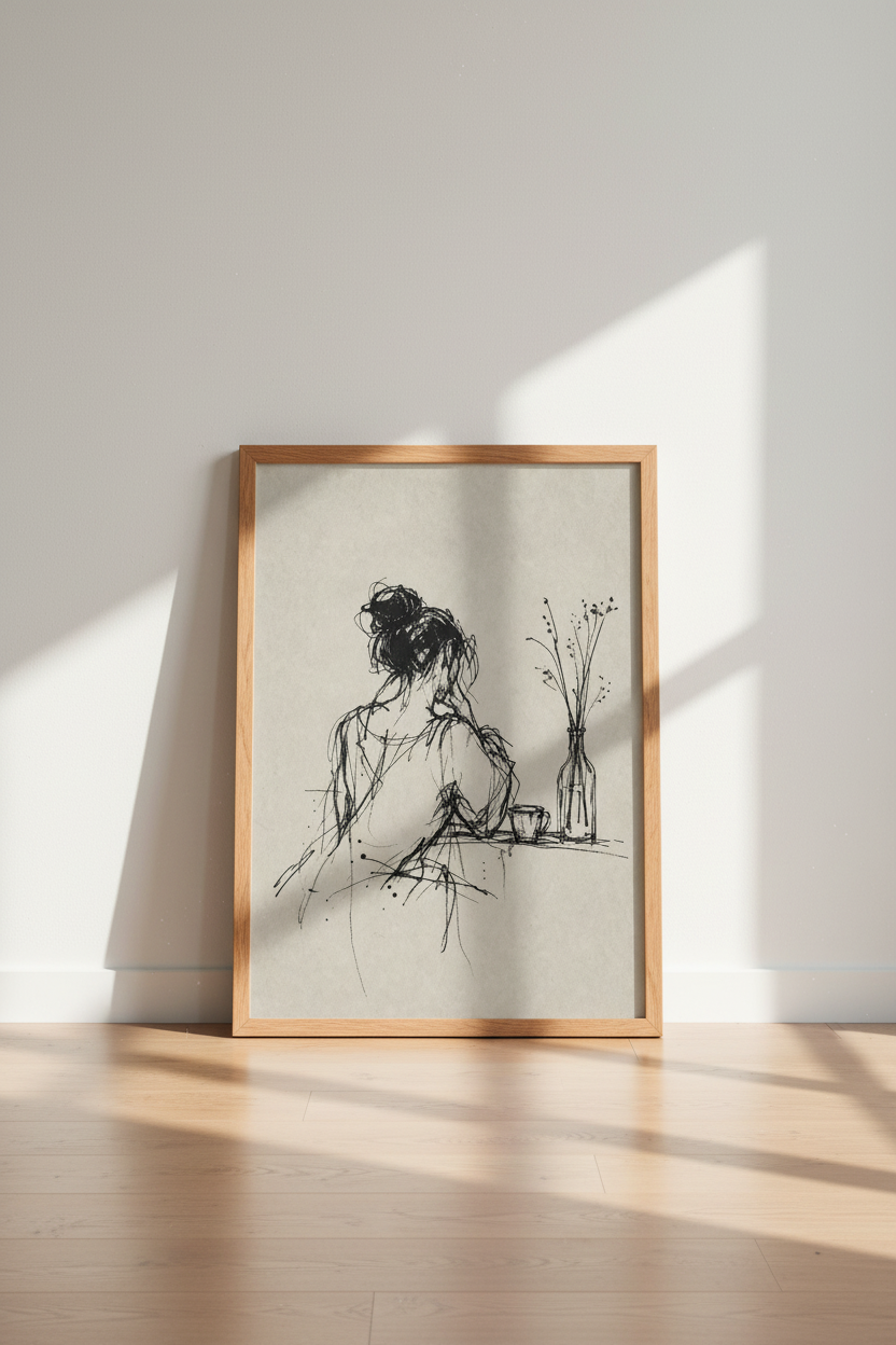 Woman Sketch | Minimalist Black & Beige Line Art, Bedroom Decor