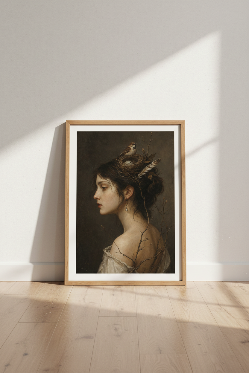 Woman with Bird Nest Portrait | Moody Dark Academia Oil Painting, Vintage Gothic Wall Art