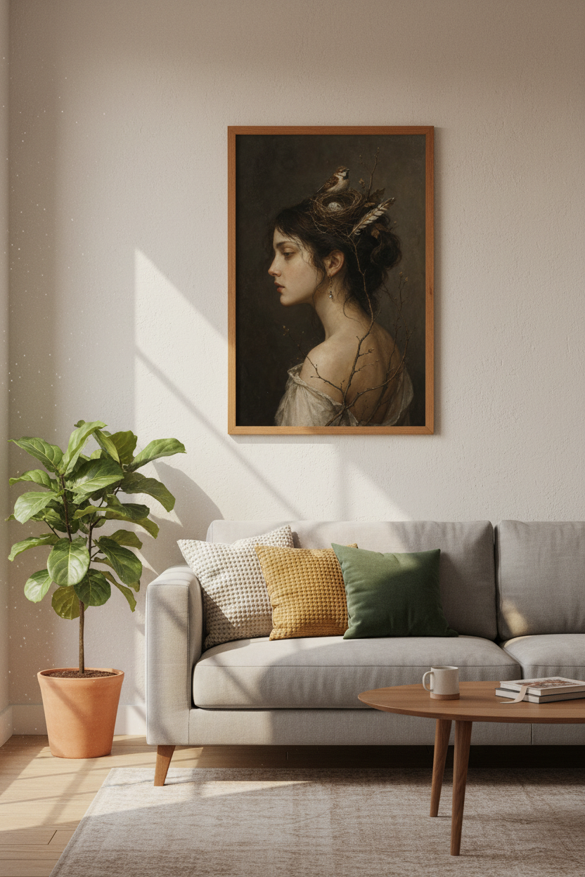 Woman with Bird Nest Portrait | Moody Dark Academia Oil Painting, Vintage Gothic Wall Art