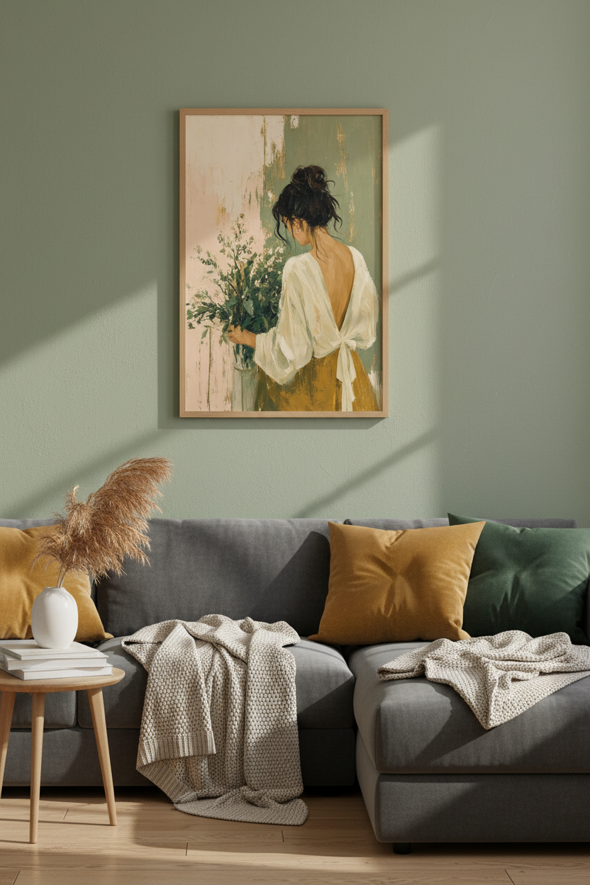 Woman with Flowers Wall Art | Sage Green & Blush Pink Decor | Impressionist Poster