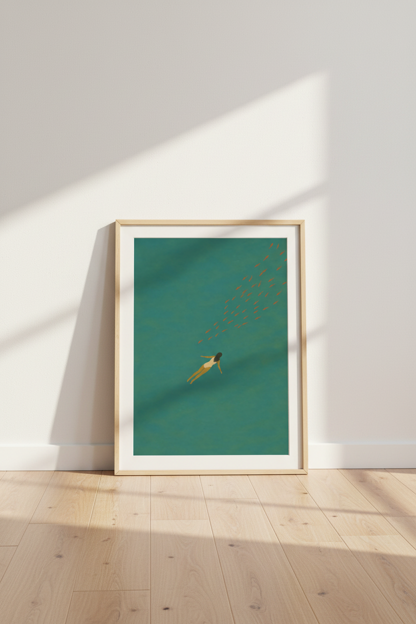 Minimalist Swimmer Art | Teal & Orange Ocean Poster, Bathroom or Bedroom Decor