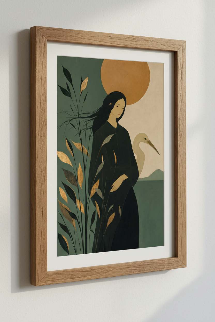 Japanese Woman and Heron Art | Green & Gold Minimalist Poster, Zen Decor