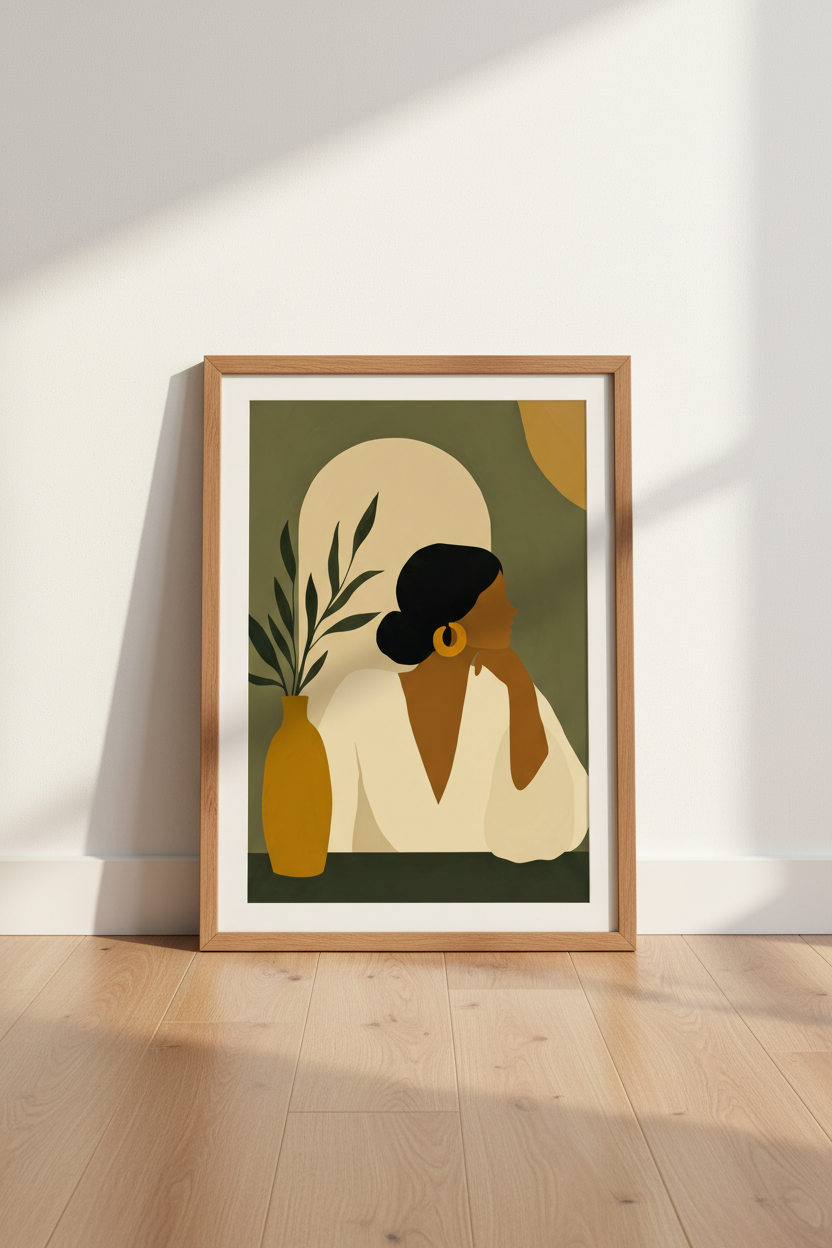 Boho Woman Portrait | Sage Green & Mustard Abstract Art, Minimalist Decor