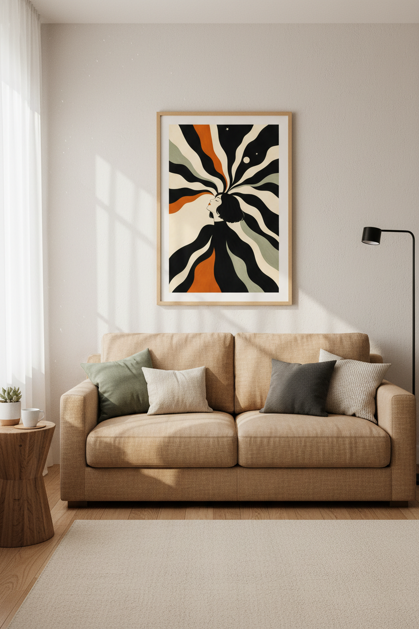 Abstract Portrait | Moody Black & Cream Tones, Living Room Decor
