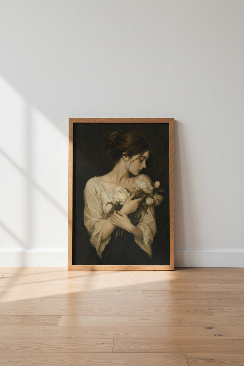 Moody Woman with Flowers Oil Painting | Dark Academia Wall Art | Vintage Portrait Poster