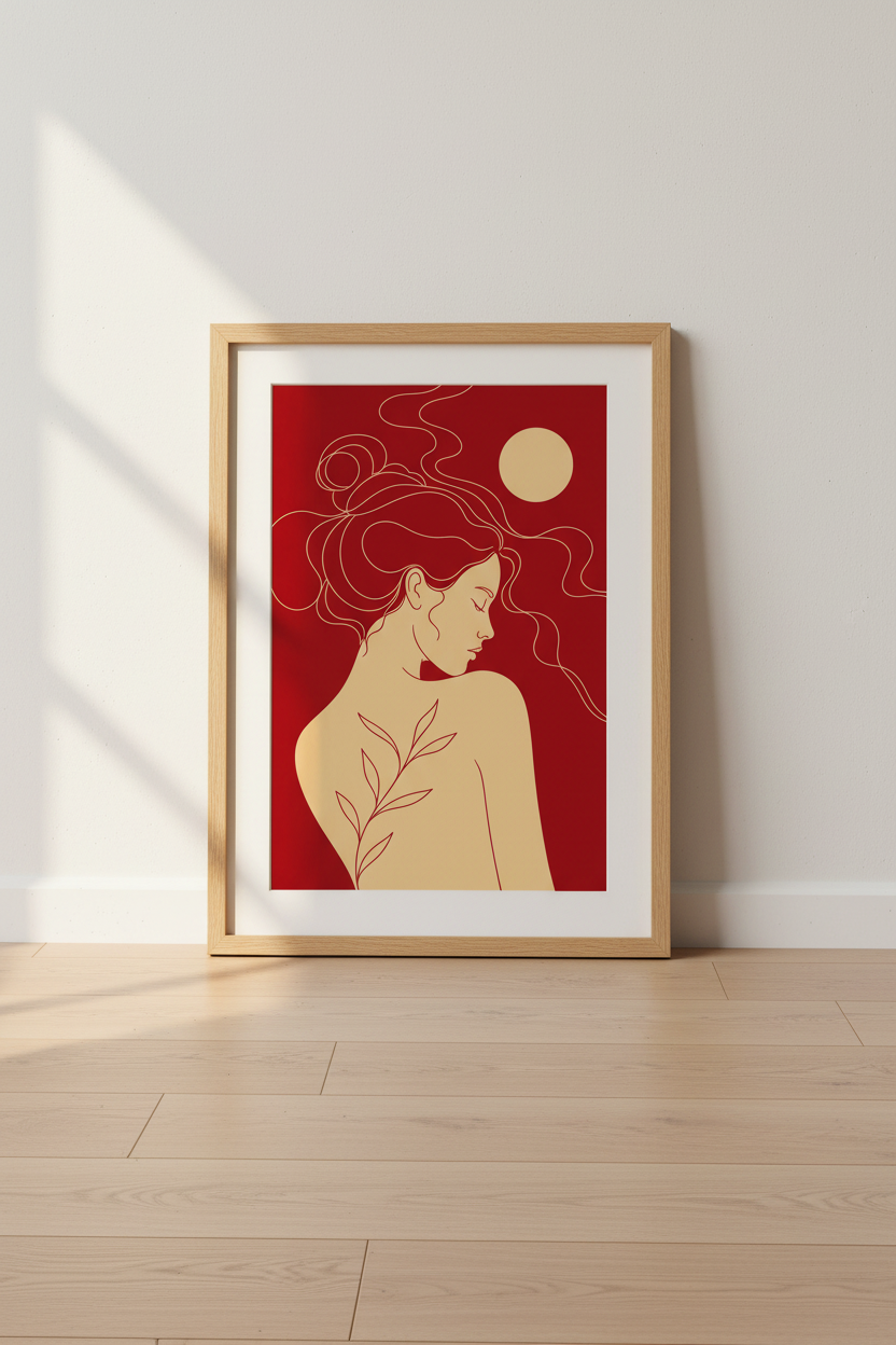 boho line art print | warm beige red accents, living room decor
