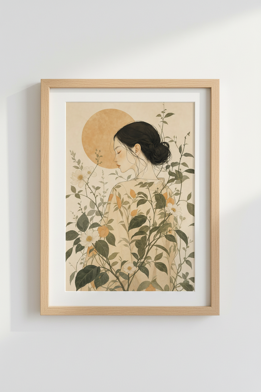 Botanical wall art | Ethereal Portrait in warm beige tones | Living Room Poster