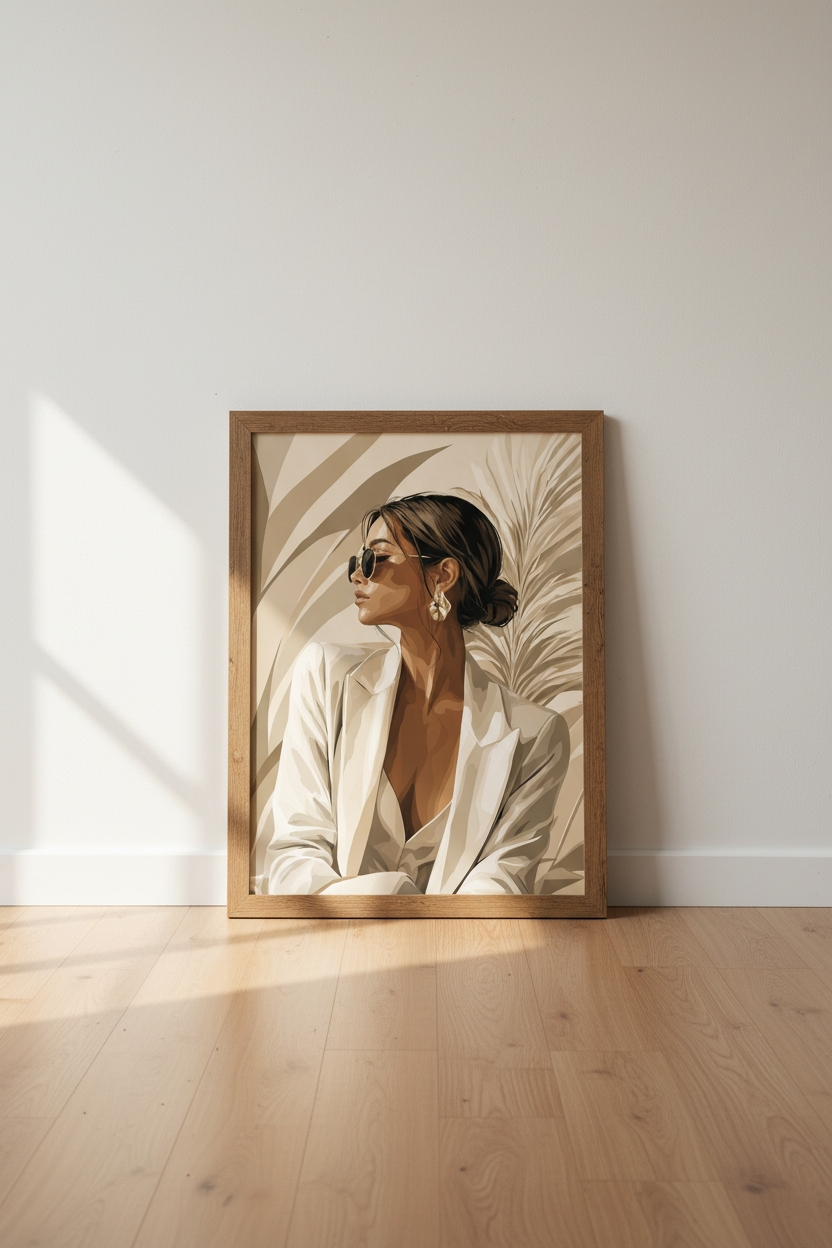 Fashion Woman Wall Art | Neutral Beige Tropical Print, Chic Home Decor Poster