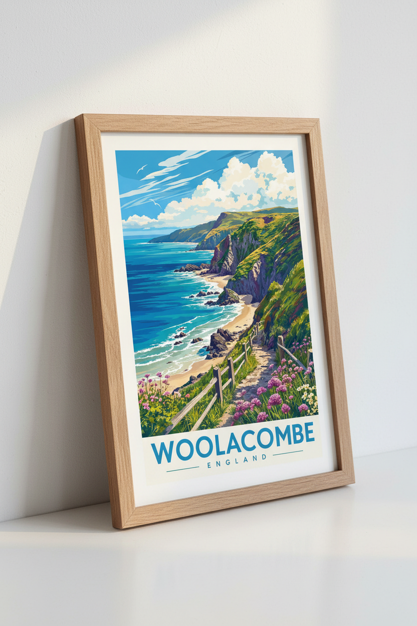 Woolacombe England Travel Poster | Coastal Landscape Wall Art, Devon Beach Decor