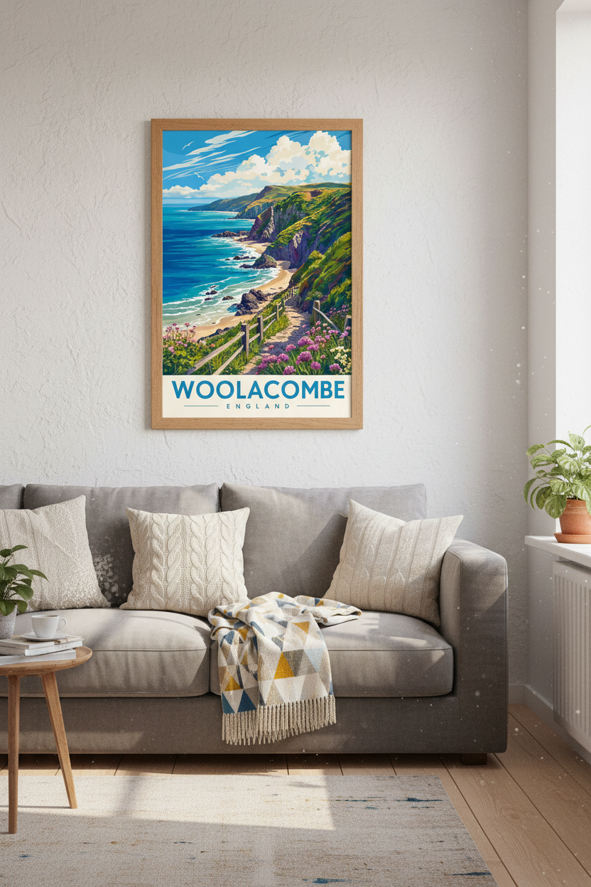 Woolacombe England Travel Poster | Coastal Landscape Wall Art, Devon Beach Decor