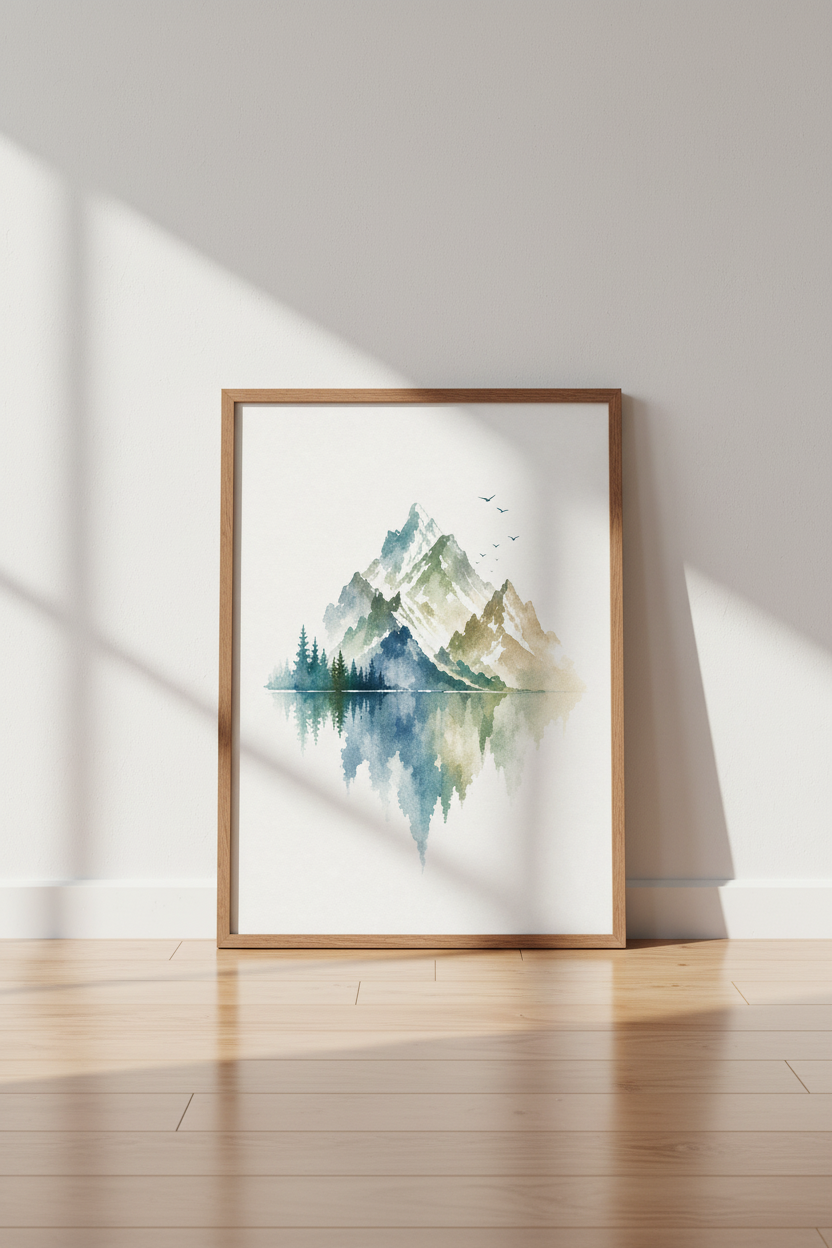 Mountain Lake Watercolor Wall Art | Blue Nature Poster | Minimalist Landscape