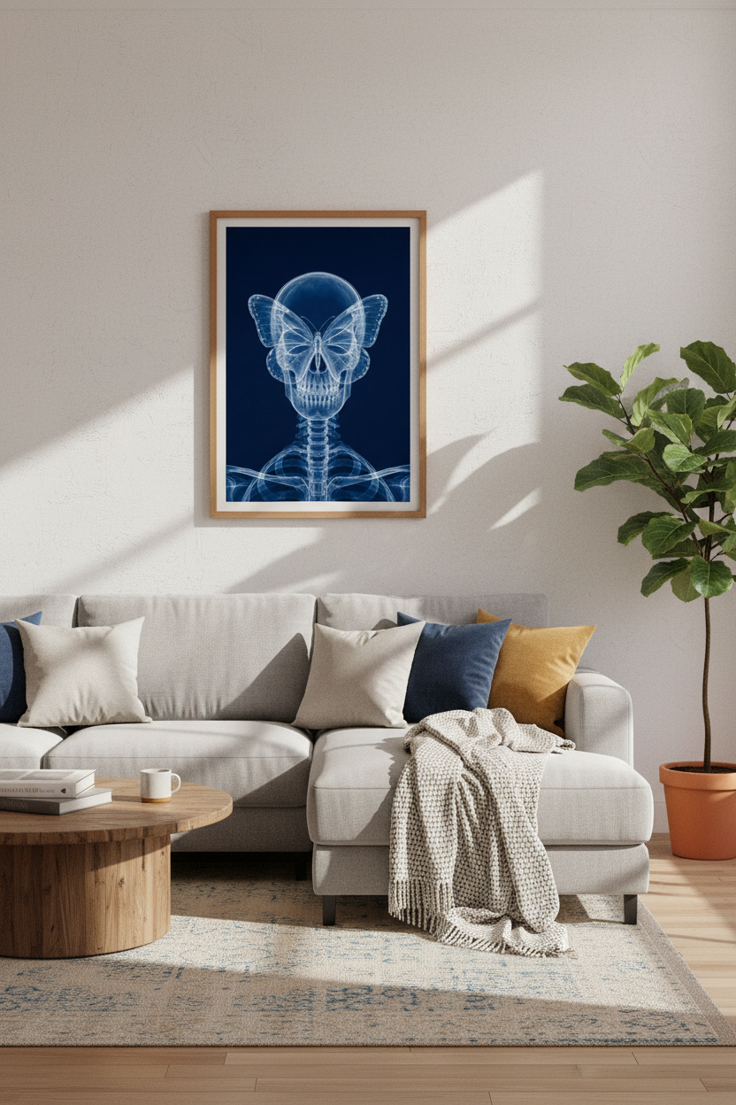 X-Ray Skull Butterfly Wall Art Print | Gothic Dark Academia Decor | Surreal Blue Poster